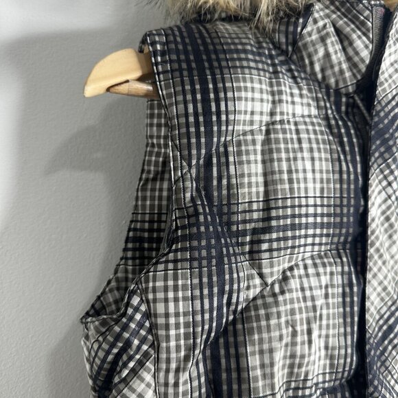 North Face Vest Womens Small P Plaid 600 Down Fill Hooded Faux Fur Puffer Jacket - Picture 3 of 16